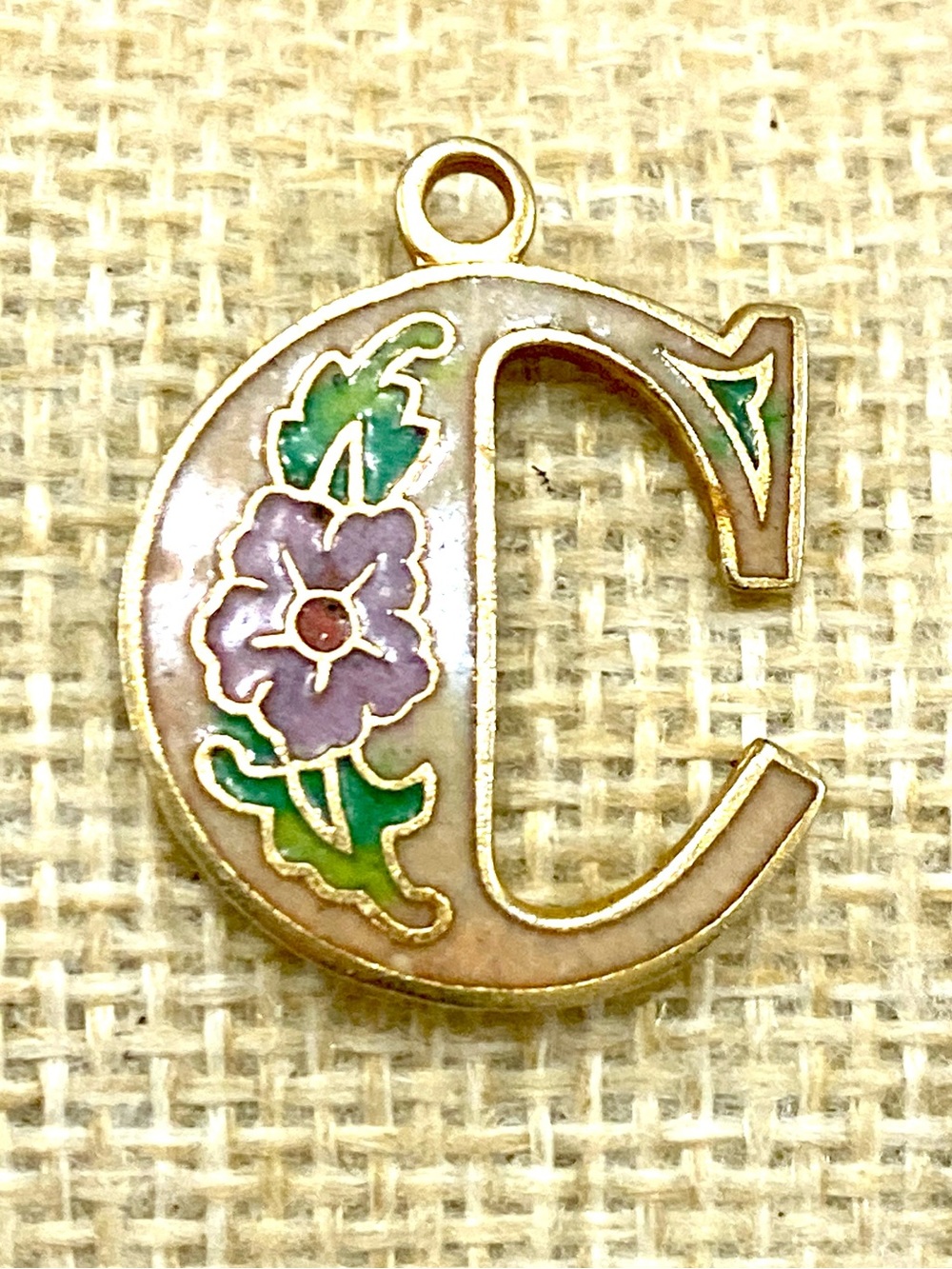 Vintage Initial C Floral Enamel Pendant Charm in Pink and Green